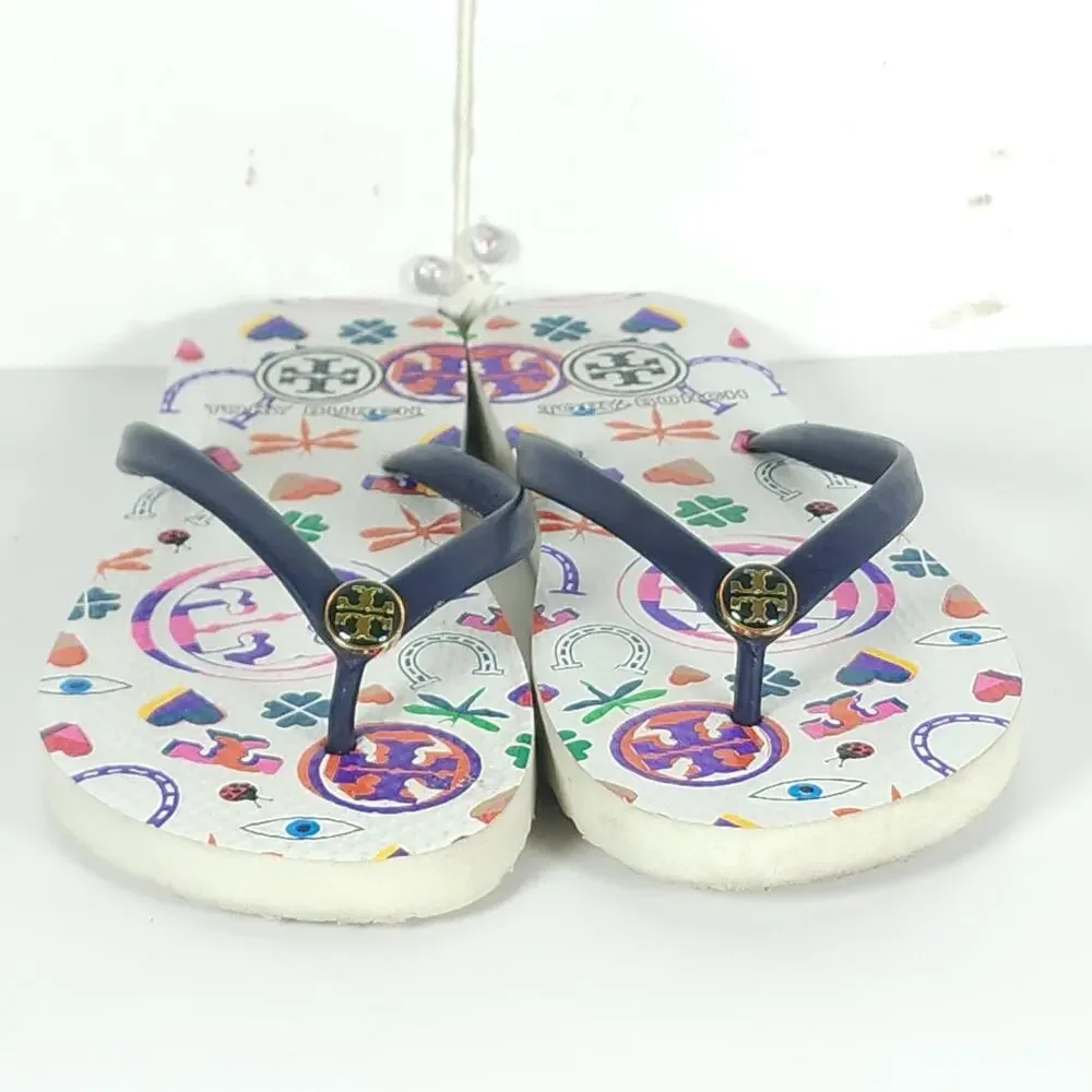 Tory Burch Women’s US6M Blue White Graphic Logo Flip Flop Thong Sandals